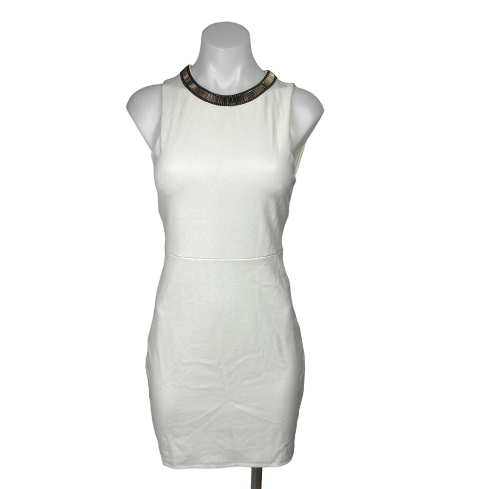 H&M White Gold Beaded Neck Formal Cocktail Bodycon Sheath Mini Dress Size S
